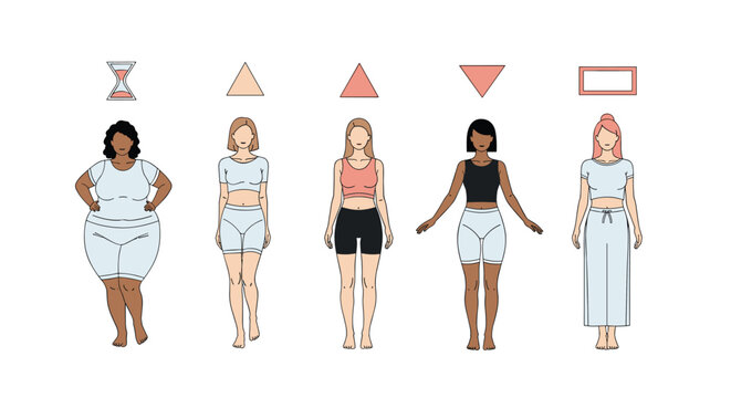Diversity of female body types illustrated with geometric shapes like hourglass and triangle to represent different physical silhouettes.
