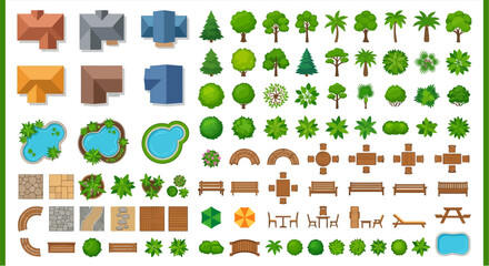 Collection of colorful top down illustrated houses trees and park elements © Sumon
