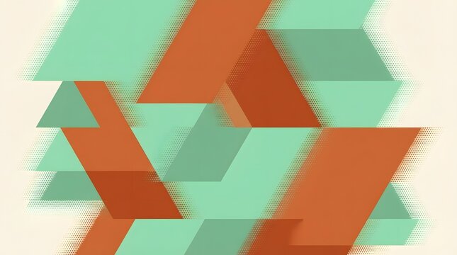 An abstract geometric design featuring overlapping orange and teal parallelograms and triangles set against a textured cream background