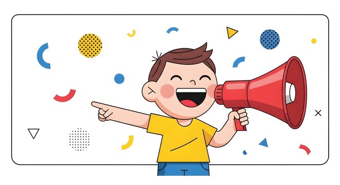 Excited child with a red megaphone pointing and smiling with colorful confetti in the background, perfect for announcements and promotions