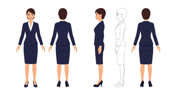 Detailed character sheet of a businesswoman showing front, back, and profile views along with a line art version for animation or design use.