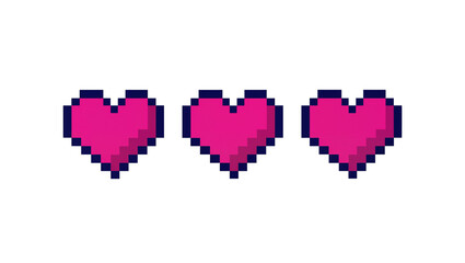 Fototapeta premium Three pixelated pink hearts with dark blue outlines, isolated on transparent background
