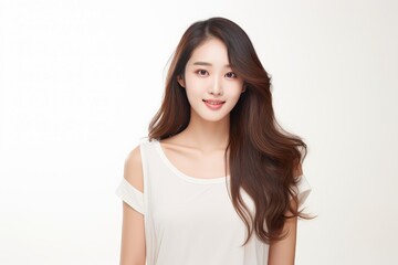 Fototapeta premium Studio portrait of attractive young asian woman with long brown hair smiling on white background