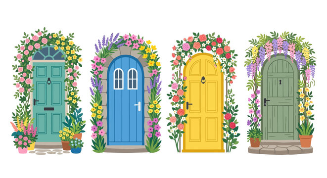 Four charming doors adorned with vibrant floral arrangements and greenery