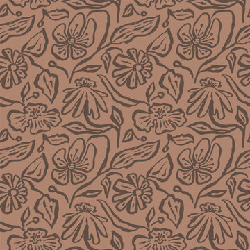 Brush strokes inky flowers brown seamless pattern