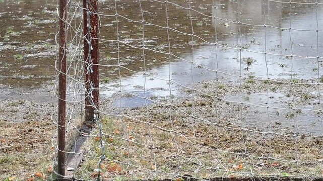 閉校となった小学校の荒れた校庭。雨上がりのグランドの水たまりと残されたサッカーゴール。冬の風景。