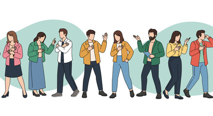 Obraz premium Large group of diverse people in casual and professional attire walking and engaging in expressive conversations.