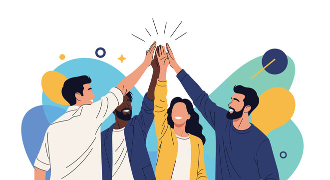 Diverse group of four friends or colleagues joining hands in a high five to celebrate shared success and strong team unity.