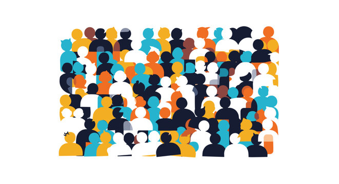 Dense crowd of colorful human silhouettes representing diversity and a large community of people standing together.