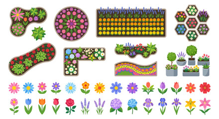 Colorful top down views of various flowerbeds and individual blossoms © Sumon
