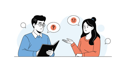 Fototapeta premium Man and woman engaged in a difficult conversation with speech bubbles showing questions and emotional confusion.