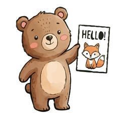 Obraz premium Teddy bear holding heart and balloons cute cartoon illustration for children
