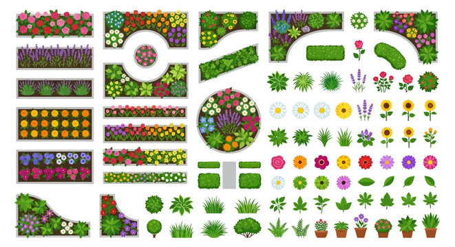 Overhead view of various colorful garden bed and floral arrangements