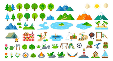 Naklejka premium Colorful collection of cartoon nature and outdoor activity icons