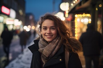 Fototapeta premium Young woman smiling while walking on a bustling city street during winter evening