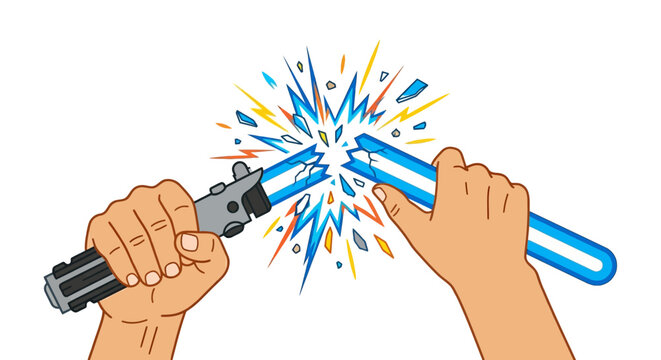 Hands clashing lightsabers together generating sparks and shattered energy