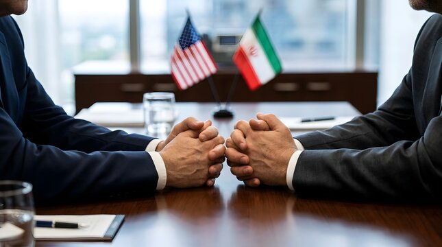 Business negotiation with USA and Iran flags representing diplomatic talks international relations geopolitical tension and political agreement concept
