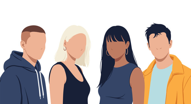 Set of four diverse faceless avatar characters with different skin tones hair styles and colorful fashion clothing outfits.
