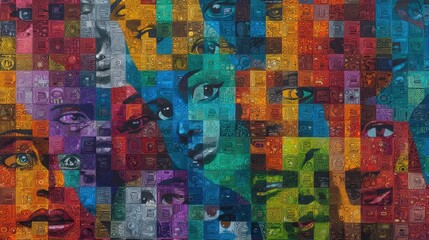 Fototapeta premium Colorful Mosaic Artwork Featuring Unique Faces Capturing Diversity and Expression in Artistic Form