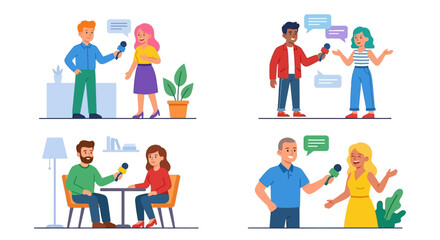 Fototapeta premium Journalists interviewing people in various settings colorful illustration
