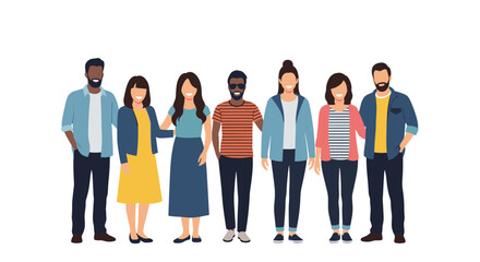 Fototapeta premium Multiethnic group of young men and women stand together in casual attire smiling warmly for a friendly group portrait.