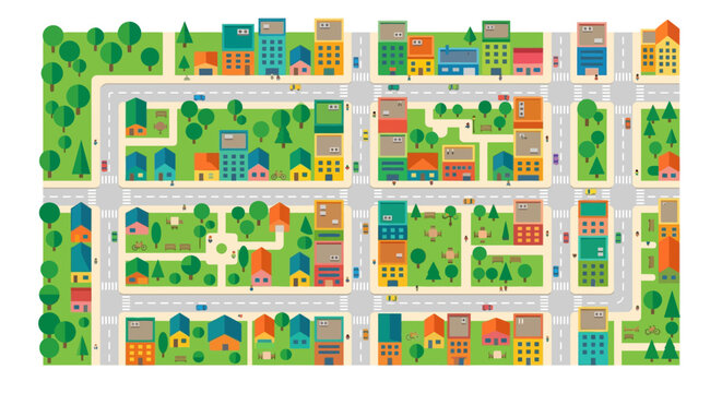 Colorful aerial view of a simplified city with buildings and parks