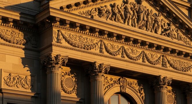 Historic Ornate Building Facade with Classical Columns in Warm Sunset Light