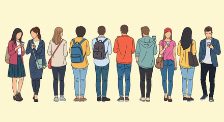 Obraz premium Row of ten people seen from behind stands in a line with many individuals looking at their smartphone screens.
