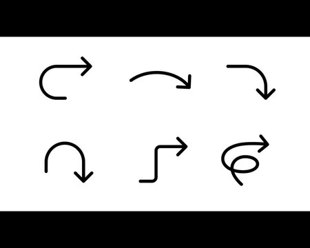 Set of black outline curved arrows showing different directions and turns isolated on white background