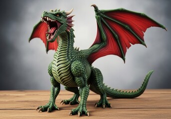 Fototapeta premium A green dragon with red wings standing on a wooden surface