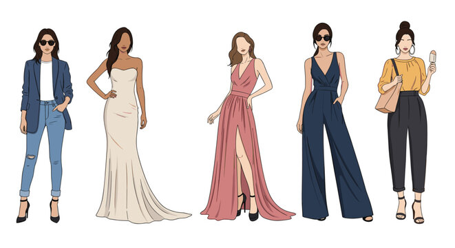 Diverse collection of women showcasing different fashion styles ranging from casual denim and blazers to elegant evening gowns and jumpsuits.
