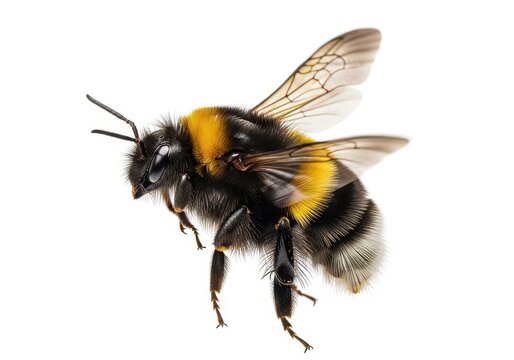 A close-up view of a bumblebee in flight with yellow and black stripes