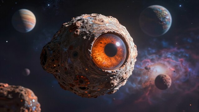 A vibrant alien eye embedded in a rocky asteroid amidst a colorful galaxy and planets.