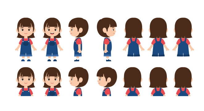 Character design sheet featuring a cute young girl in overalls shown from multiple angles including front, profile, and back views for animation.
