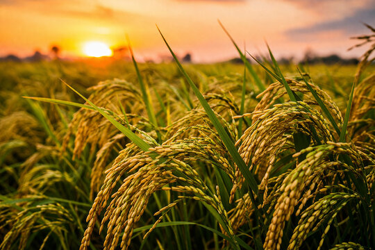 Warm sunset view of ripening rice stalks stretching across a golden agricultural field under glowing evening light.