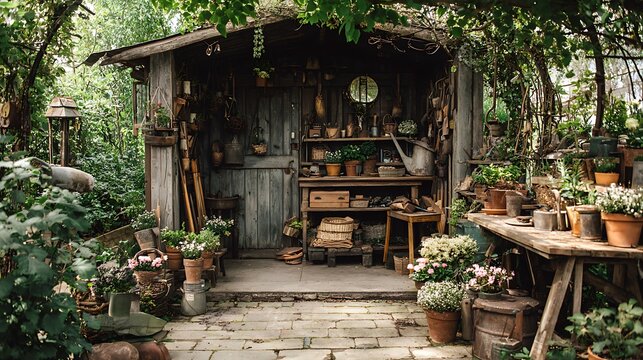 Charming garden shed filled with plants, tools, and rustic decor, bathed in soft light