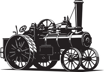 Fototapeta premium Vintage steam tractor, antique farm equipment, black and white illustration, vector tractor icon