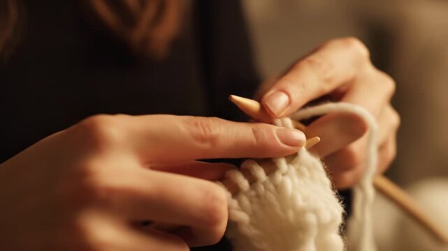 Close-up of hands knitting with white yarn and wooden needles, a cozy and creative hobby