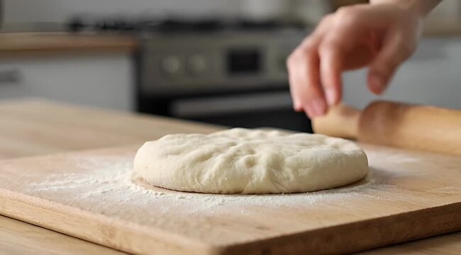 Fresh dough ready for rolling on a wooden surface in the kitchen