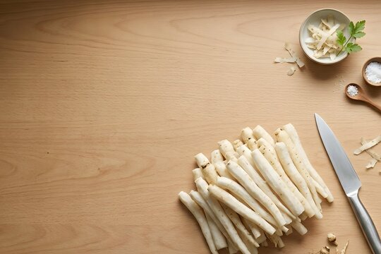 Peeled and cleaned deodeok (codonopsis root) with a kitchen knife and copy space on a wooden background.