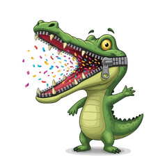Fototapeta premium Green Cartoon Alligator with Open Mouth and Confetti