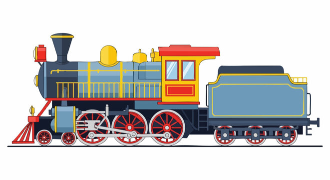 Vintage steam locomotive vector illustration, classic blue and red steam train with coal tender, antique railway engine for travel and history designs