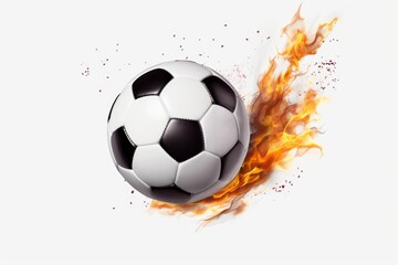 Naklejka premium Soccer ball igniting with fire and smoke on a pure white background, symbolizing sport energy