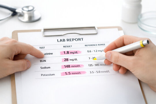 doctor analyzing lab report with blood test results on paper clipboard. Physician reviewing patient health data and diagnostic metrics. Healthcare diagnosis and medical examination concept