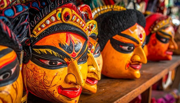 Colorful traditional Bengali masks on wooden surface for Bengali New Year Poila Baisakh