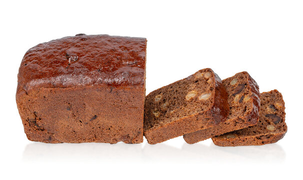 Sliced fruit loaf cake isolated background. Homemade baked dessert with raisins and walnuts for packaging, menu and food design.