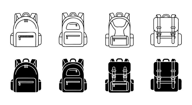 Minimalist backpack icon set, 8 school bag vector symbols in line and glyph styles, travel rucksack collection for education and hiking apps