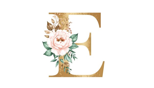 Ornate gold "E" letter adorned with a pink peony and leafy foliage