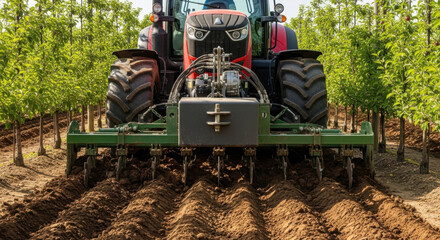 Obraz premium Tractor cultivating between tree rows in agricultural field 