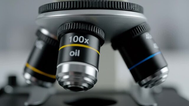 Close-up perspective of a professional optical microscope's objective lenses, including a 100x oil immersion lens, highlighting advanced scientific research and detailed laboratory analysis